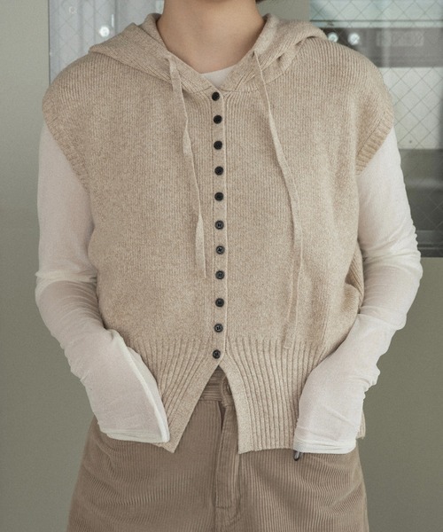 lawgy(ラウジー)の「melange yarn string hood knit vest / メランジヤーンストリングフードニットベスト(ベスト・レディース・ベージュ系/ミックスグレー/ブラウン系・FREE)」の3枚目の写真