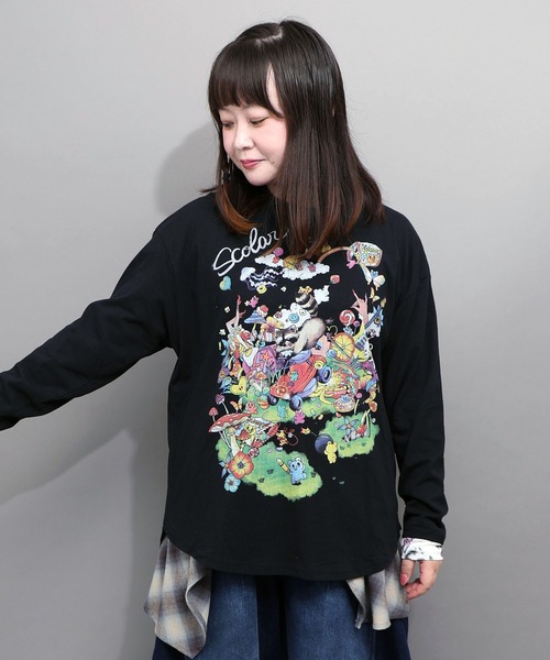 ScoLar(スカラー)の「163658:いたずらグミ柄 ロングスリーブTシャツ(Tシャツ/カットソー・レディース・グレー/ブルー/ブラック・M)」の1枚目の写真
