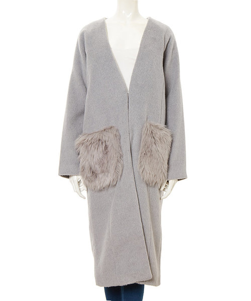 fifth（フィフス）の「ポケットファーシャギーコート（ノーカラージャケット・レディース・ブラック/ベージュ/グレー/チャコールグレー/スモークピンク・LARGE/MEDIUM）」の9枚目の写真