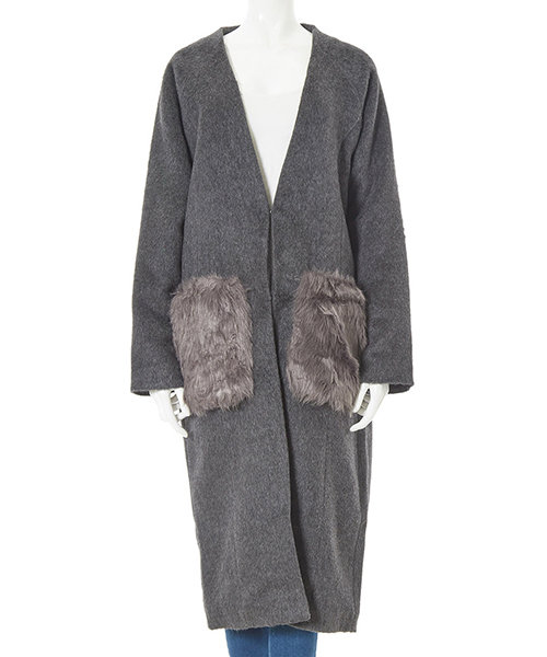 fifth（フィフス）の「ポケットファーシャギーコート（ノーカラージャケット・レディース・ブラック/ベージュ/グレー/チャコールグレー/スモークピンク・LARGE/MEDIUM）」の18枚目の写真