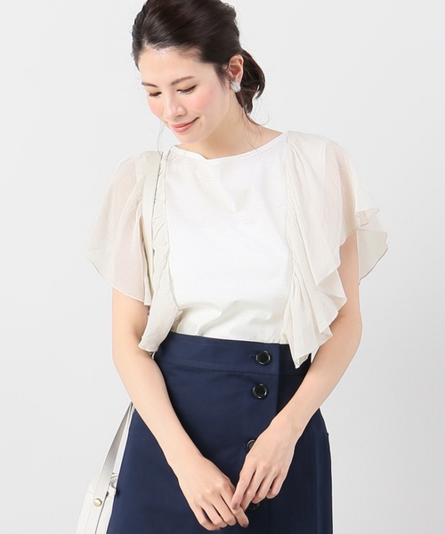 IENA（イエナ）の「CO/Li天竺楊柳コンビフリルフレンチスリーブ◆（Tシャツ/カットソー・レディース・ホワイト/ネイビー・FREE）」の2枚目の写真