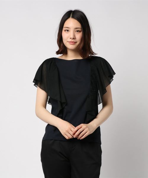 IENA（イエナ）の「CO/Li天竺楊柳コンビフリルフレンチスリーブ◆（Tシャツ/カットソー・レディース・ホワイト/ネイビー・FREE）」の6枚目の写真