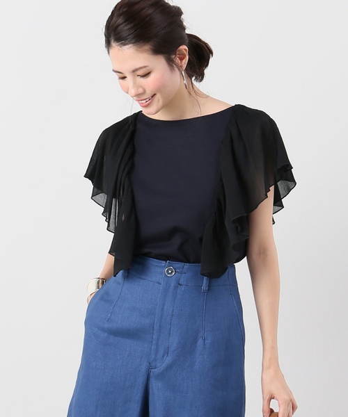 IENA（イエナ）の「CO/Li天竺楊柳コンビフリルフレンチスリーブ◆（Tシャツ/カットソー・レディース・ホワイト/ネイビー・FREE）」の12枚目の写真