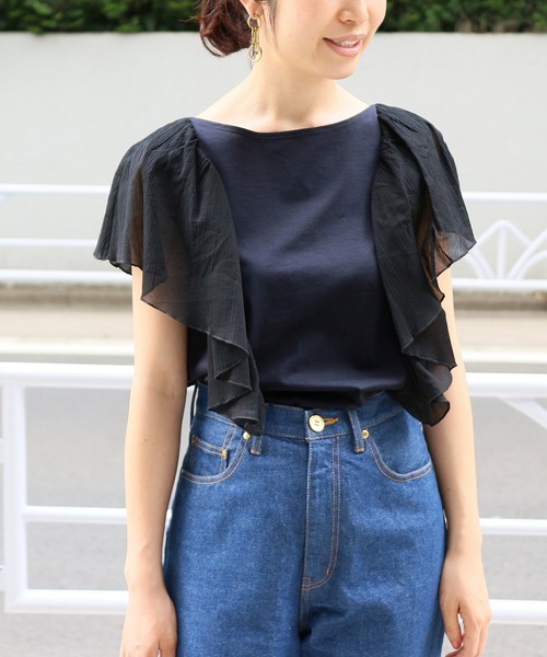 IENA（イエナ）の「CO/Li天竺楊柳コンビフリルフレンチスリーブ◆（Tシャツ/カットソー・レディース・ホワイト/ネイビー・FREE）」の14枚目の写真