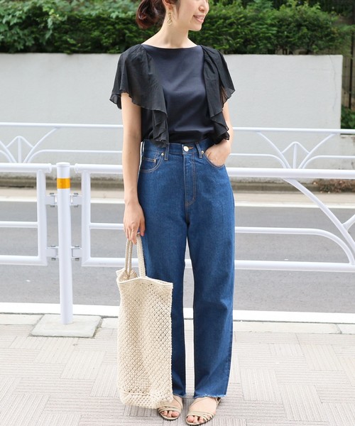 IENA（イエナ）の「CO/Li天竺楊柳コンビフリルフレンチスリーブ◆（Tシャツ/カットソー・レディース・ホワイト/ネイビー・FREE）」の15枚目の写真