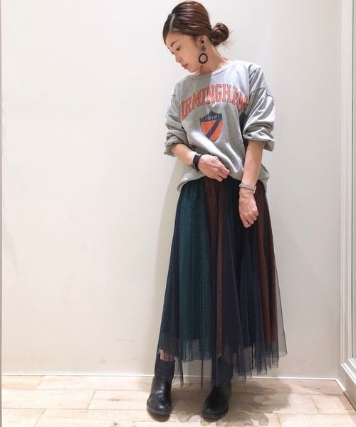 Editt by YECCA VECCA（エディットバイイェッカヴェッカ）の「ブロッキングレース×チュールスカート（スカート・レディース・ブラウン/グリーン・FREE）」の2枚目の写真