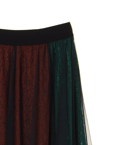 Editt by YECCA VECCA（エディットバイイェッカヴェッカ）の「ブロッキングレース×チュールスカート（スカート・レディース・ブラウン/グリーン・FREE）」の5枚目の写真