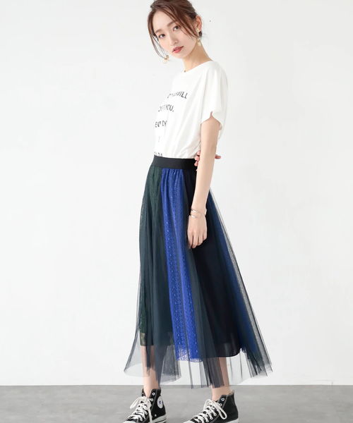 Editt by YECCA VECCA（エディットバイイェッカヴェッカ）の「ブロッキングレース×チュールスカート（スカート・レディース・ブラウン/グリーン・FREE）」の9枚目の写真