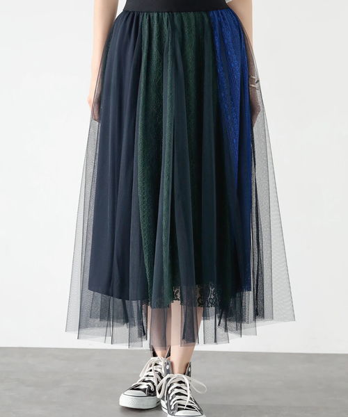 Editt by YECCA VECCA（エディットバイイェッカヴェッカ）の「ブロッキングレース×チュールスカート（スカート・レディース・ブラウン/グリーン・FREE）」の10枚目の写真