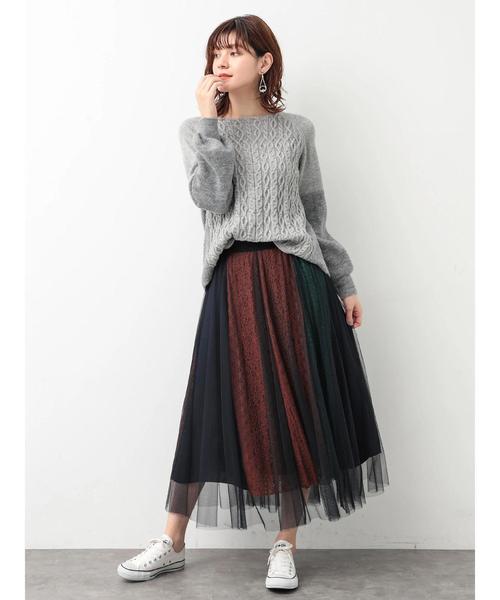 Editt by YECCA VECCA（エディットバイイェッカヴェッカ）の「ブロッキングレース×チュールスカート（スカート・レディース・ブラウン/グリーン・FREE）」の20枚目の写真