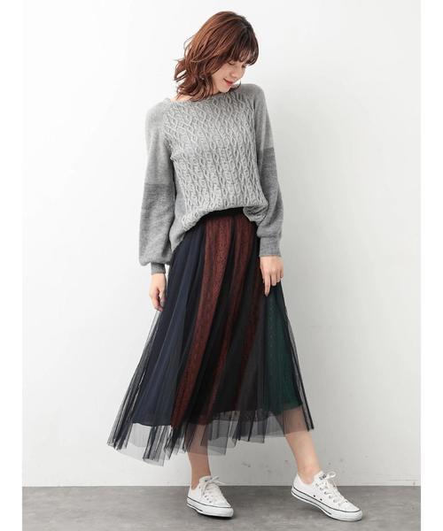 Editt by YECCA VECCA（エディットバイイェッカヴェッカ）の「ブロッキングレース×チュールスカート（スカート・レディース・ブラウン/グリーン・FREE）」の21枚目の写真