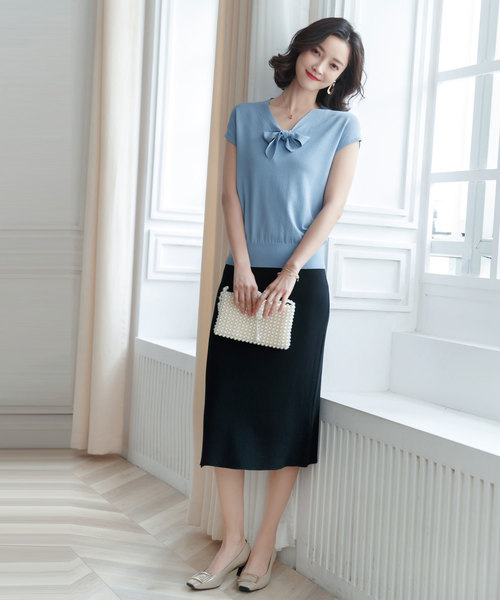 SAISON DE PAPILLON（セゾンドパピヨン）の「フレンチスリーブボウタイニットトップス（Tシャツ/カットソー・レディース・ネイビー/ブルー/アイボリー/ライラック・M/L/S）」の10枚目の写真