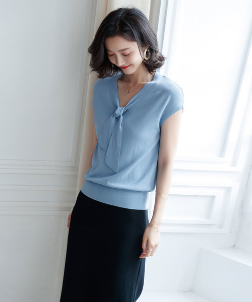 SAISON DE PAPILLON（セゾンドパピヨン）の「フレンチスリーブボウタイニットトップス（Tシャツ/カットソー・レディース・ネイビー/ブルー/アイボリー/ライラック・M/L/S）」の7枚目の写真