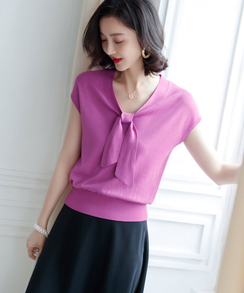 SAISON DE PAPILLON（セゾンドパピヨン）の「フレンチスリーブボウタイニットトップス（Tシャツ/カットソー・レディース・ネイビー/ブルー/アイボリー/ライラック・M/L/S）」の22枚目の写真