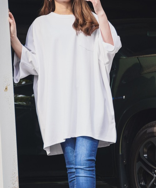 Bling Leads（ブリングリーズ）の「【Bl】梨地　ビッグシルエット半袖Tシャツ（Tシャツ/カットソー・レディース・ホワイト/ブラック/ベージュ/ネイビー/ブラウン/チャコールグレー/グレイッシュベージュ/ブルー/ライトグレー/チャコール/ミント・MEDIUM/LARGE）」の2枚目の写真