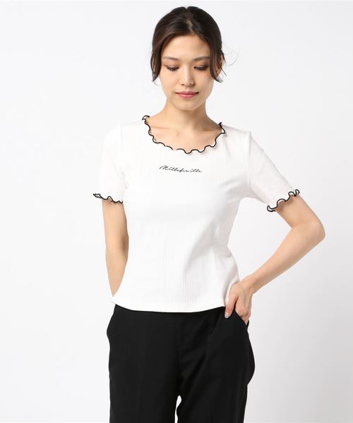 axes femme POETIQUE(アクシーズファムポエティック)の「バイカラーメローロゴTシャツ(Tシャツ/カットソー・レディース・ホワイト/ブラック/ラベンダー・MEDIUM)」の6枚目の写真
