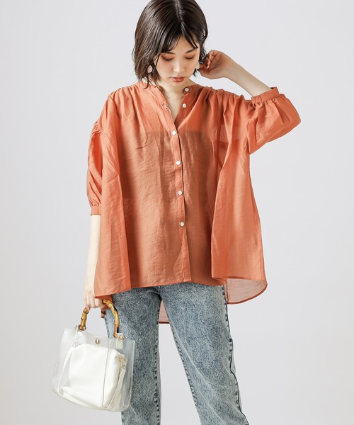 natural couture（ナチュラルクチュール）の「シアーカルゼギャザーブラウス（シャツ/ブラウス・レディース・ブラック/カーキ/アイボリー/ラベンダー/レンガ・FREE）」の7枚目の写真