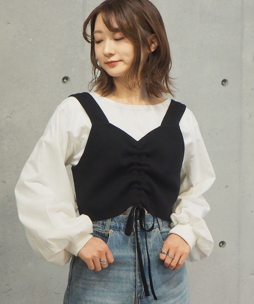 tiptop（ティップトップ）の「2021SS フロントドロストビスチェ×ロンTセット（ベスト・レディース・ブラック/ベージュ/イエロー/アイボリー・FREE）」の2枚目の写真