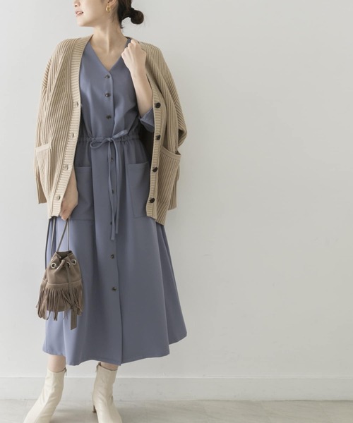 冬くすみブルーおしゃれアーバンリサーチVネックドロストロングシャツワンピース長袖 URBAN RESEARCH（アーバンリサーチ）の「Vネックドロスト