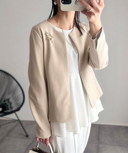 セール】ポンチクルーネックノーカラージャケット（テーラード