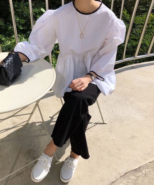 SMILE ORCHID(スマイルオーキッド)の「バルーンスリーブバック紐コットンブラウス(Tシャツ/カットソー・レディース・ホワイト/ブラック・FREE)」の8枚目の写真