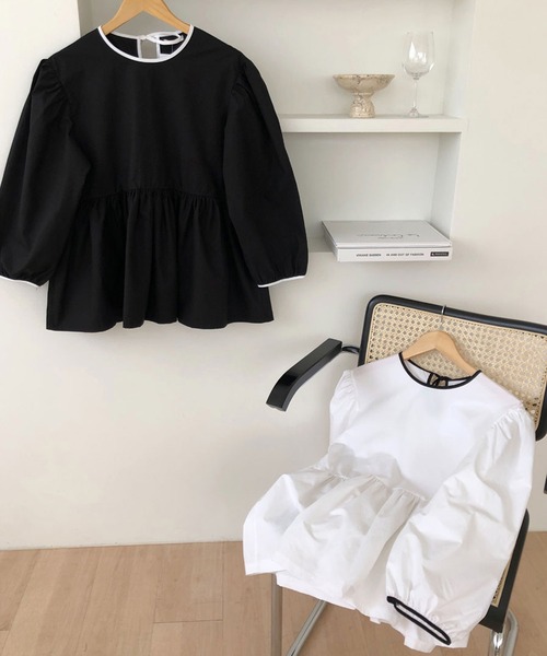 SMILE ORCHID(スマイルオーキッド)の「バルーンスリーブバック紐コットンブラウス(Tシャツ/カットソー・レディース・ホワイト/ブラック・FREE)」の6枚目の写真