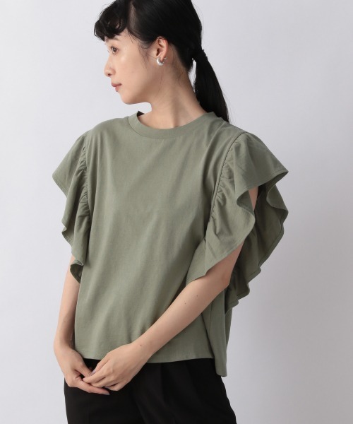 LOWRYS FARM（ローリーズファーム）の「スラブソデフリルＳＳ　956915（Tシャツ/カットソー・レディース・アイボリー/ブラック/ベージュ/グリーン・FREE）」の4枚目の写真