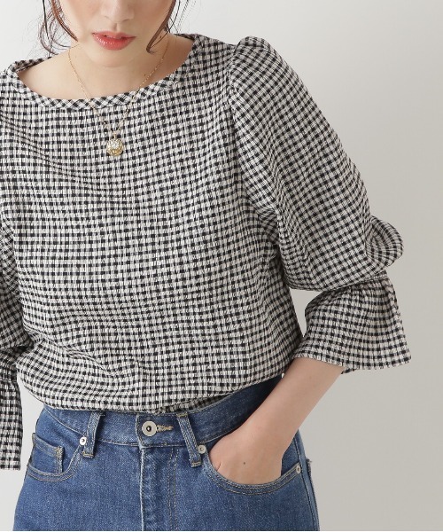NATURAL BEAUTY BASIC(ナチュラルビューティーベーシック)の「シャーリングカットソー(Tシャツ/カットソー・レディース・ネイビー/オフホワイト/ホワイト系その他・MEDIUM)」の2枚目の写真