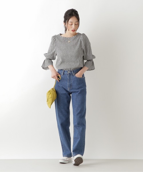 NATURAL BEAUTY BASIC(ナチュラルビューティーベーシック)の「シャーリングカットソー(Tシャツ/カットソー・レディース・ネイビー/オフホワイト/ホワイト系その他・MEDIUM)」の9枚目の写真