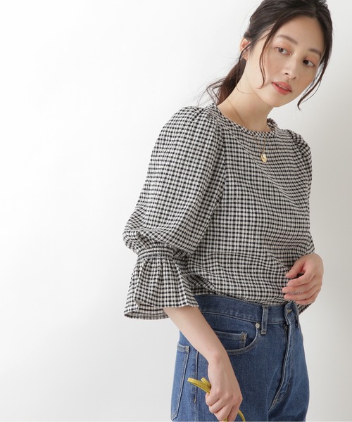 NATURAL BEAUTY BASIC(ナチュラルビューティーベーシック)の「シャーリングカットソー(Tシャツ/カットソー・レディース・ネイビー/オフホワイト/ホワイト系その他・MEDIUM)」の7枚目の写真