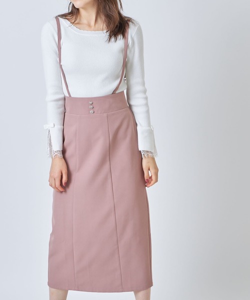 tocco closet（トッコ　クローゼット）の「取り外し可能なサスペンダー付きクリアビジュー装飾タイトスカート（スカート・レディース・ブラック/ピンク系その他・M）」の2枚目の写真