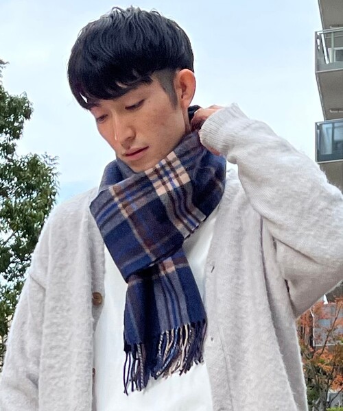 タケオキクチ　新品　メンズ　ピュアカシミアマフラー(ブロック/オレンジ) 新品 タケオキクチ カシミヤ ブレンド ウール マフラー 紺 薄茶