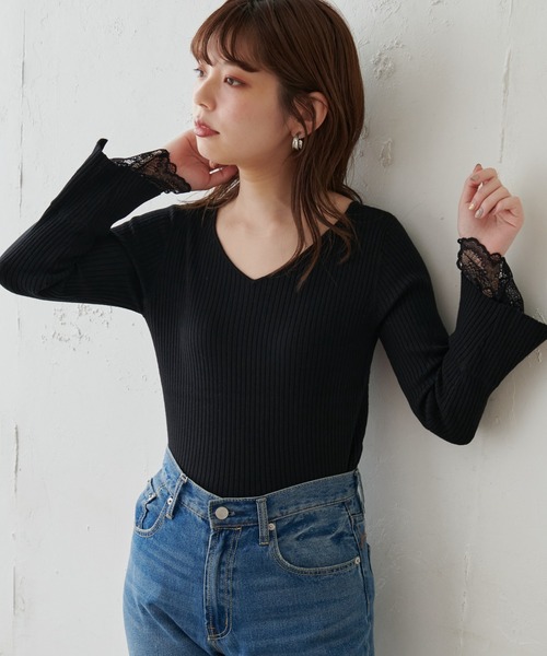 natural couture(ナチュラルクチュール)の「前後2WAY袖口レースリブニット(ニット/セーター・レディース・ブラック/サックスブルー/アイボリー/ボルドー/モカ・FREE)」の15枚目の写真