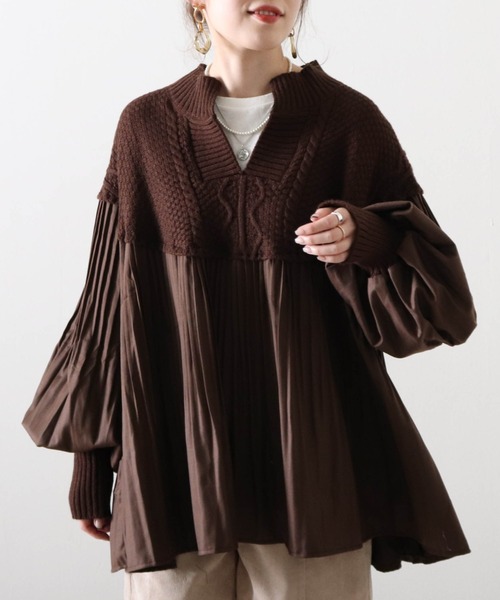 Cheek（チーク）の「プリーツ切替チュニックニット（シャツ/ブラウス・レディース・ブラウン/ベージュ/ブラック・FREE）」の3枚目の写真