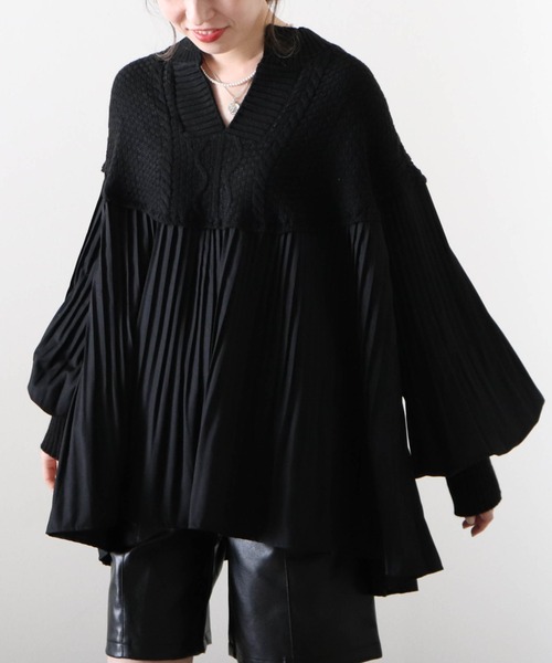 Cheek（チーク）の「プリーツ切替チュニックニット（シャツ/ブラウス・レディース・ブラウン/ベージュ/ブラック・FREE）」の2枚目の写真