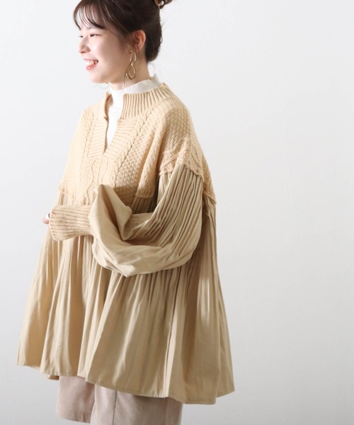 Cheek（チーク）の「プリーツ切替チュニックニット（シャツ/ブラウス・レディース・ブラウン/ベージュ/ブラック・FREE）」の8枚目の写真
