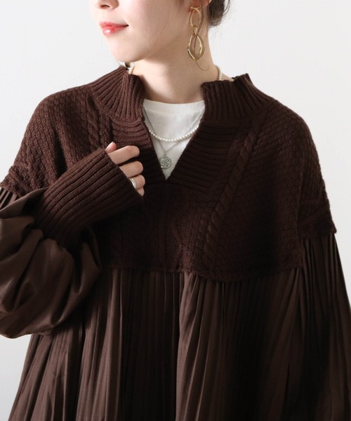 Cheek（チーク）の「プリーツ切替チュニックニット（シャツ/ブラウス・レディース・ブラウン/ベージュ/ブラック・FREE）」の7枚目の写真