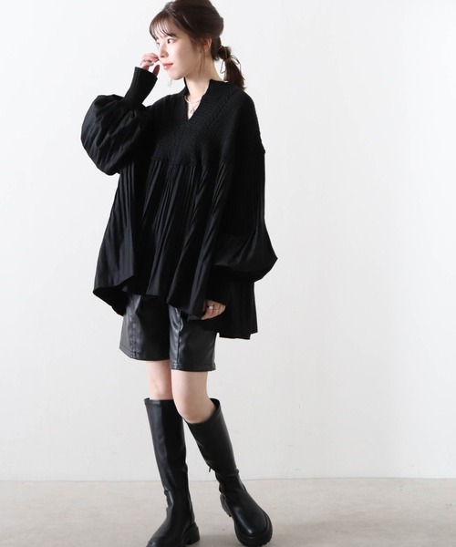 Cheek（チーク）の「プリーツ切替チュニックニット（シャツ/ブラウス・レディース・ブラウン/ベージュ/ブラック・FREE）」の4枚目の写真