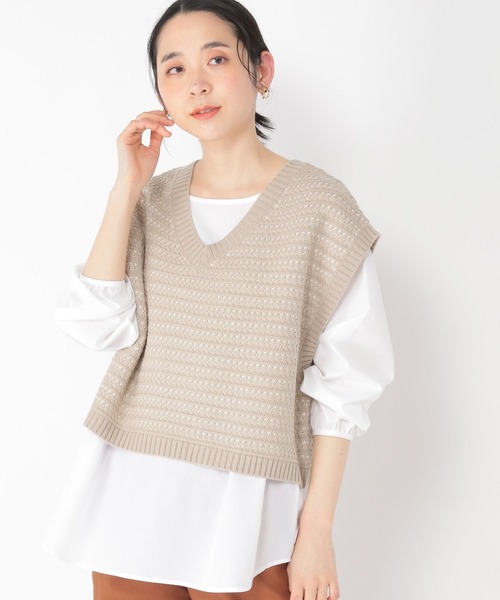 studio CLIP（スタディオクリップ）の「7ゲージボーダー編み柄ベストセット（ベスト・レディース・ベージュ/ネイビー/イエロー・FREE）」の2枚目の写真