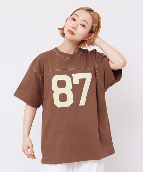 CHILD WOMAN（チャイルドウーマン）の「オーガニック天竺 フットボール半袖Tシャツ（Tシャツ/カットソー・レディース・アイボリー/オレンジ/ネイビー/ブラウン・FREE）」の3枚目の写真