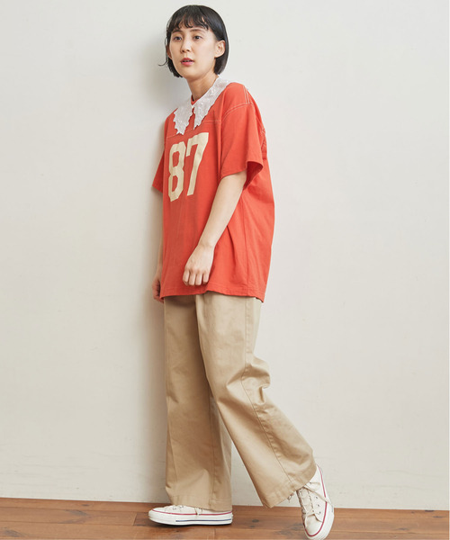 CHILD WOMAN（チャイルドウーマン）の「オーガニック天竺 フットボール半袖Tシャツ（Tシャツ/カットソー・レディース・アイボリー/オレンジ/ネイビー/ブラウン・FREE）」の9枚目の写真