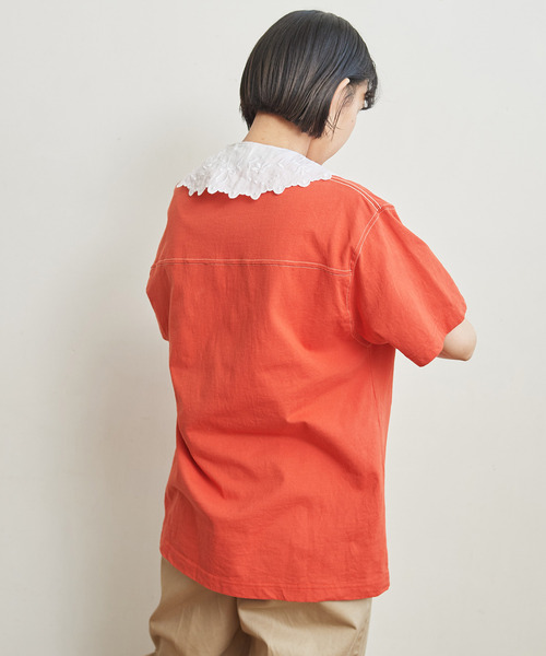 CHILD WOMAN（チャイルドウーマン）の「オーガニック天竺 フットボール半袖Tシャツ（Tシャツ/カットソー・レディース・アイボリー/オレンジ/ネイビー/ブラウン・FREE）」の5枚目の写真