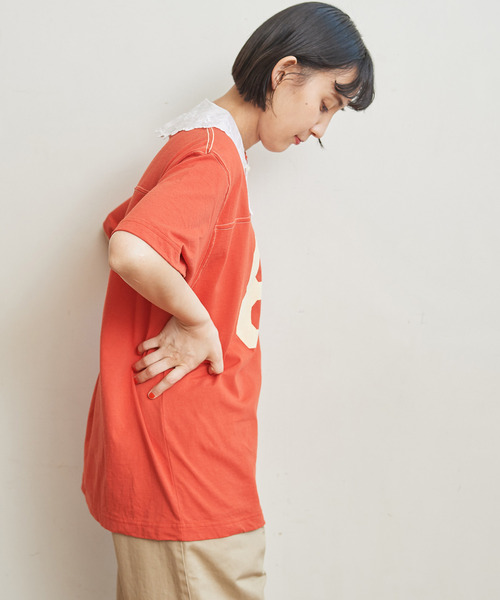 CHILD WOMAN（チャイルドウーマン）の「オーガニック天竺 フットボール半袖Tシャツ（Tシャツ/カットソー・レディース・アイボリー/オレンジ/ネイビー/ブラウン・FREE）」の6枚目の写真