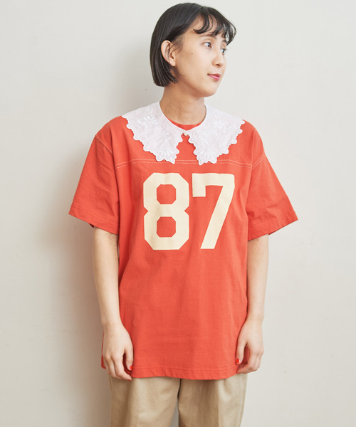 CHILD WOMAN（チャイルドウーマン）の「オーガニック天竺 フットボール半袖Tシャツ（Tシャツ/カットソー・レディース・アイボリー/オレンジ/ネイビー/ブラウン・FREE）」の7枚目の写真