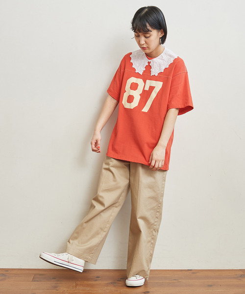 CHILD WOMAN（チャイルドウーマン）の「オーガニック天竺 フットボール半袖Tシャツ（Tシャツ/カットソー・レディース・アイボリー/オレンジ/ネイビー/ブラウン・FREE）」の8枚目の写真