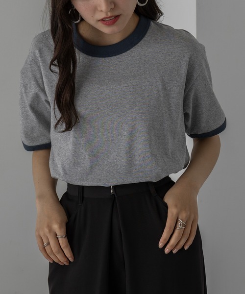 HEIHEI 吊りスカート GRAY 刺繍Tシャツ　りんご イラストデザイン刺繍裾変形切替半袖Tシャツ（koibitomisaki）の