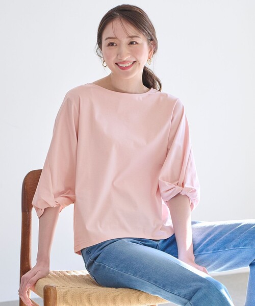 ANY(エニィ)の「【接触冷感】シルケットスムース ツイストスリーブトップス(Tシャツ/カットソー・レディース・グレー系/オールドローズ系/グリーン系/アイボリー系/ライトグリーン系/ベージュ系/ブラック系・3/2)」の1枚目の写真