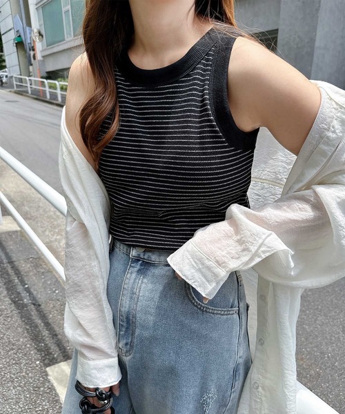 andme（アンドミー）の「カップ付きボーダーアメスリタンクトップ（タンクトップ・レディース・ベージュ/オフホワイト/ライム/ブラック・FREE）」の3枚目の写真