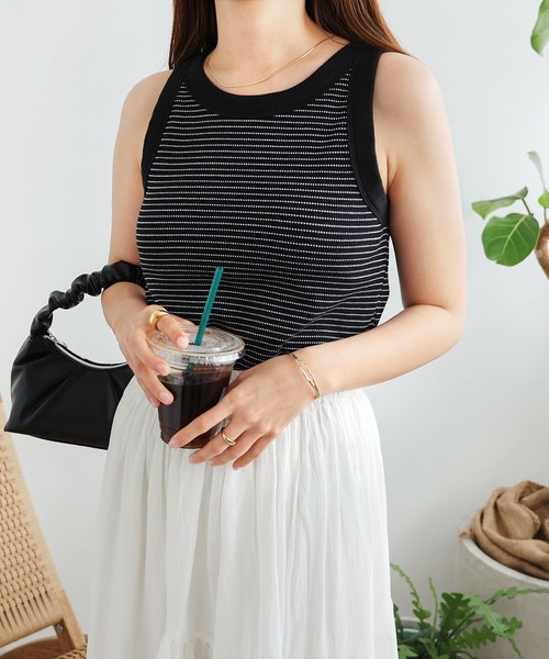 andme（アンドミー）の「カップ付きボーダーアメスリタンクトップ（タンクトップ・レディース・ベージュ/オフホワイト/ライム/ブラック・FREE）」の13枚目の写真