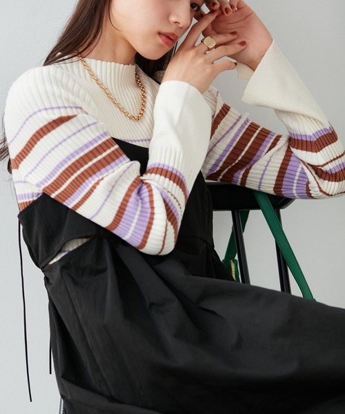 VIS(ビス)の「【洗える】モックネック袖スリットリブニット(ニット/セーター・レディース・ブラック/グレー/ライトグリーン/パープル系その他/キナリ・FREE)」の1枚目の写真